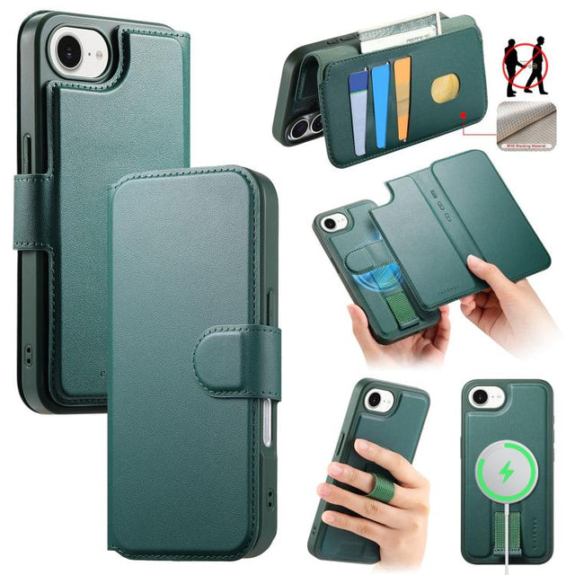 For iPhone 16e CaseNeo Finger Grip Strap MagSafe Leather Phone Case(Green)