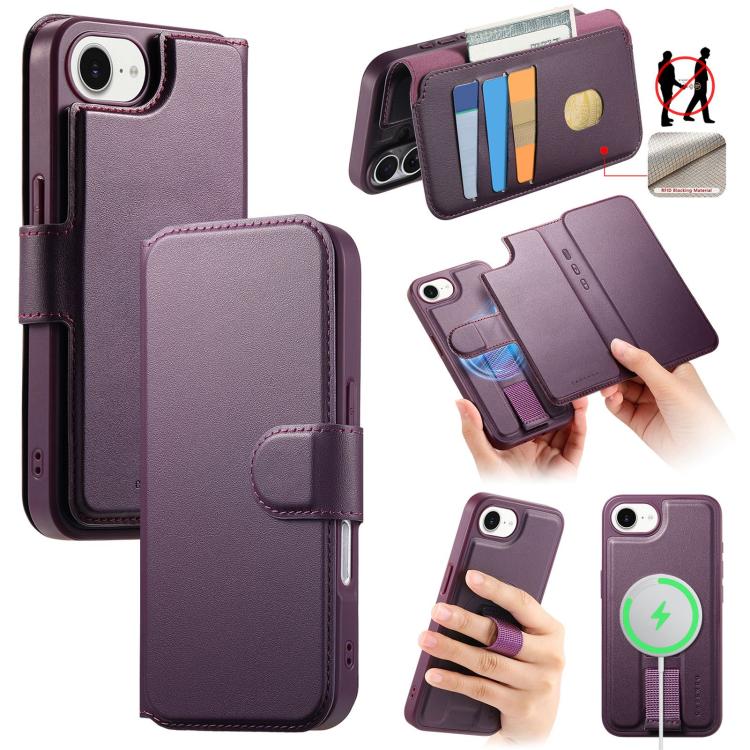 For iPhone 16e CaseNeo Finger Grip Strap MagSafe Leather Phone Case(Purple)