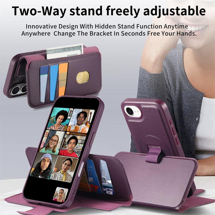 For iPhone 16e CaseNeo Finger Grip Strap MagSafe Leather Phone Case(Purple)