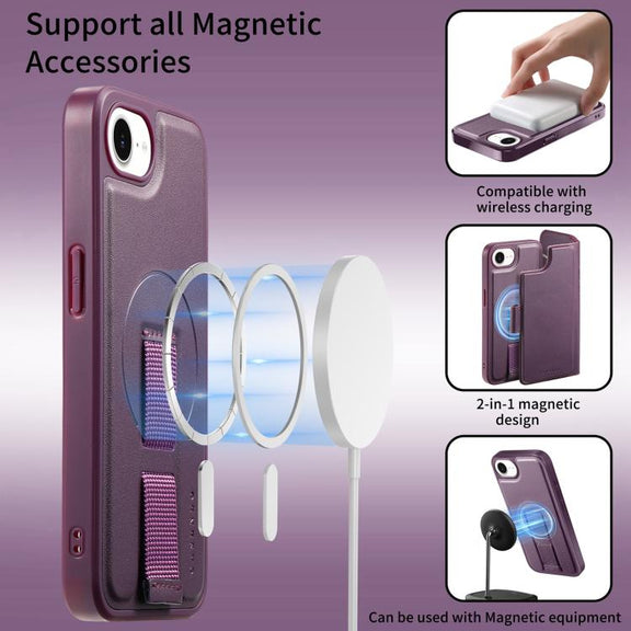 For iPhone 16e CaseNeo Finger Grip Strap MagSafe Leather Phone Case(Purple)