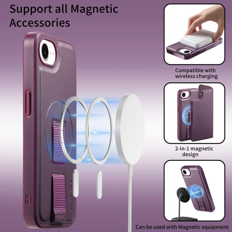 For iPhone 16e CaseNeo Finger Grip Strap MagSafe Leather Phone Case(Purple)
