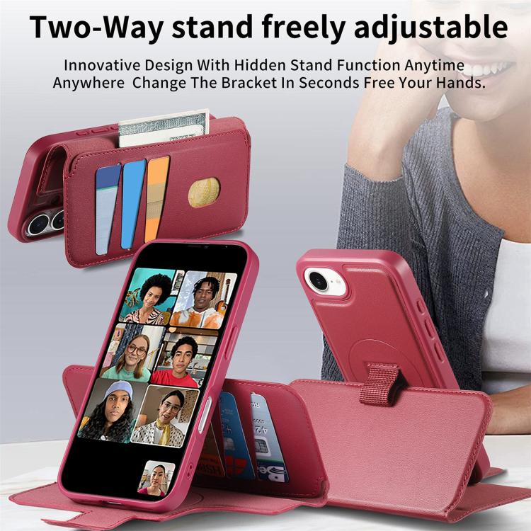 For iPhone 16e CaseNeo Finger Grip Strap MagSafe Leather Phone Case(Red)