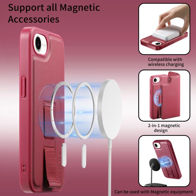 For iPhone 16e CaseNeo Finger Grip Strap MagSafe Leather Phone Case(Red)