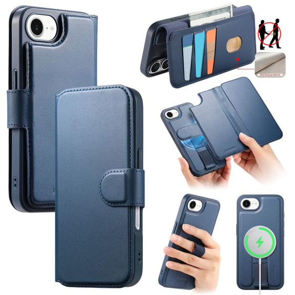 For iPhone 16e CaseNeo Finger Grip Strap MagSafe Leather Phone Case(Blue)