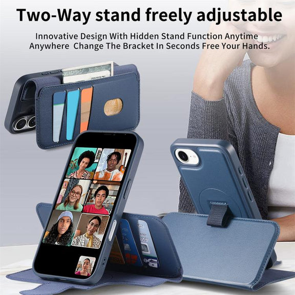 For iPhone 16e CaseNeo Finger Grip Strap MagSafe Leather Phone Case(Blue)