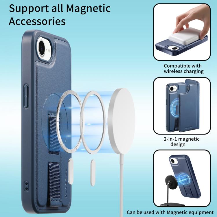 For iPhone 16e CaseNeo Finger Grip Strap MagSafe Leather Phone Case(Blue)