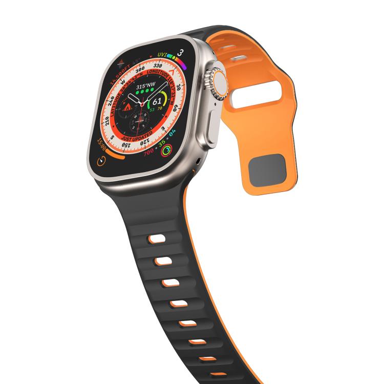 For Apple Watch 46mm / 49mm / 45mm / 44mm Kalebol Wave Reverse Buckle Two-color Silicone Strap(Black Orange)