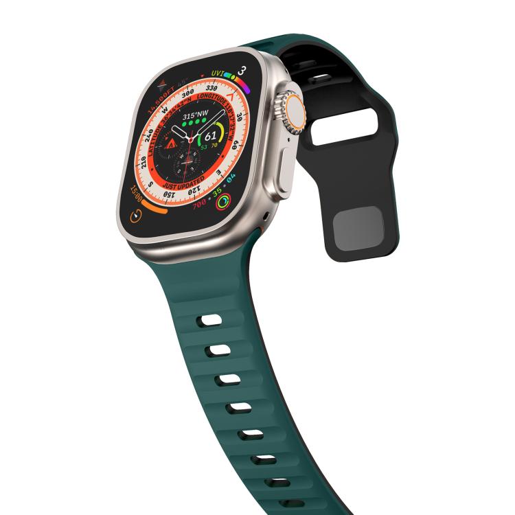 For Apple Watch 46mm / 49mm / 45mm / 44mm Kalebol Wave Reverse Buckle Two-color Silicone Strap(Dark Green Black)