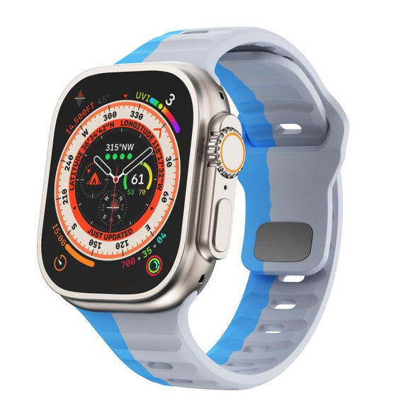 For Apple Watch 46mm / 49mm / 45mm / 44mm Kalebol Wave Reverse Buckle Two-color Silicone Strap(Wild Path Grey Blue)
