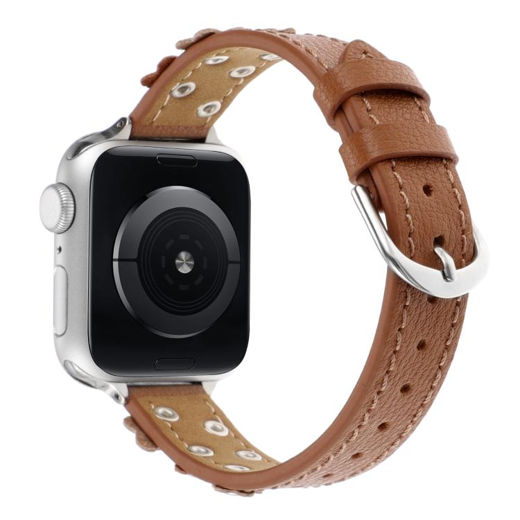 For Apple Watch 46mm / 49mm / 45mm / 44mm Kalebol Studded Flower Leather Strap(Brown)
