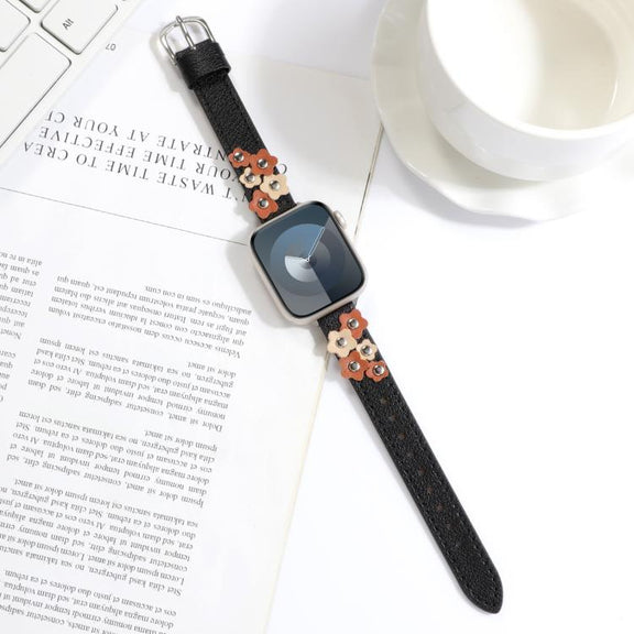 For Apple Watch 42mm / 41mm / 40mm / 38mm Kalebol Studded Flower Leather Strap(Black)