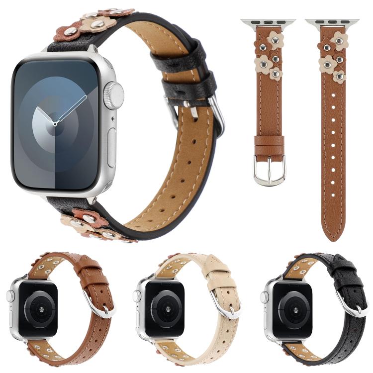 For Apple Watch 46mm / 49mm / 45mm / 44mm Kalebol Studded Flower Leather Strap(Black)