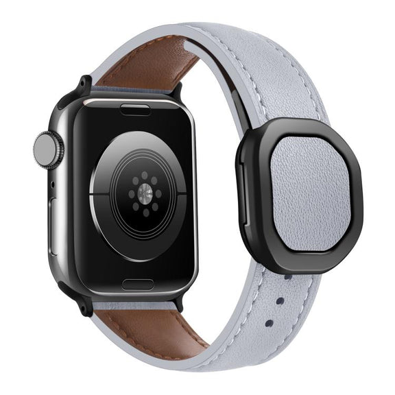 For Apple Watch 46mm / 49mm / 45mm / 44mm Kalebol Magnetic Fold Genuine Buckle Leather Watch Band(Light Grey)