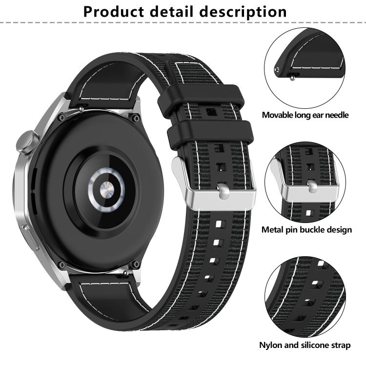 22mm Kalebol Ordinary Silver Buckle Hybrid Nylon Braid Silicone Watch Band(Black)