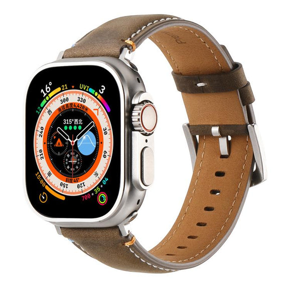 For Apple Watch 46mm / 49mm / 45mm / 44mm Kalebol Stitched Genuine Leather Watch Band(Frosted  Olive)