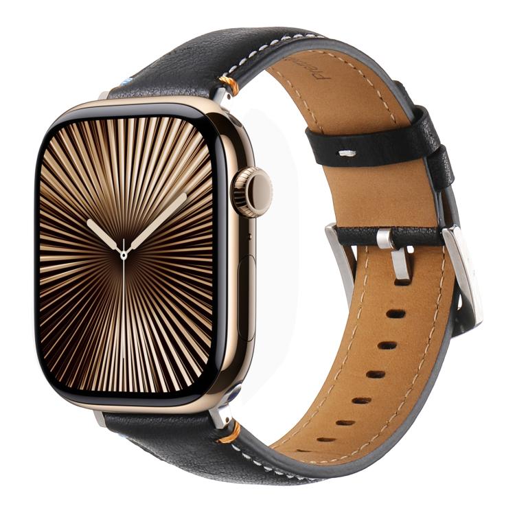 For Apple Watch 42mm / 41mm / 40mm / 38mm Kalebol Stitched Genuine Leather Watch Band(Pull Up Leather Black)