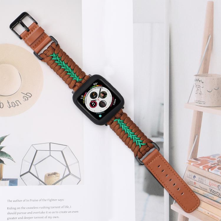 For Apple Watch 46mm / 49mm / 45mm / 44mm Double Leather Buckle Paracord Nylon Watch Band(Brown)