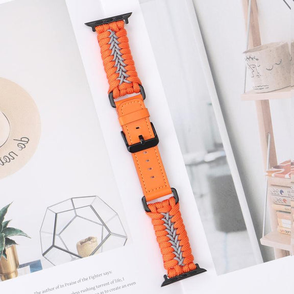 For Apple Watch 46mm / 49mm / 45mm / 44mm Double Leather Buckle Paracord Nylon Watch Band(Orange)
