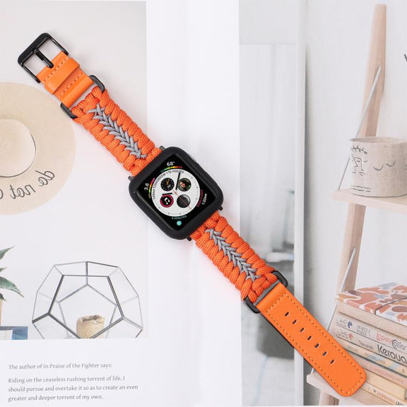 For Apple Watch 46mm / 49mm / 45mm / 44mm Double Leather Buckle Paracord Nylon Watch Band(Orange)