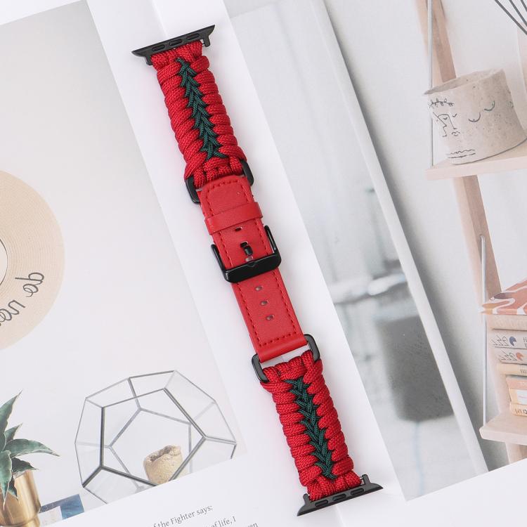 For Apple Watch 46mm / 49mm / 45mm / 44mm Double Leather Buckle Paracord Nylon Watch Band(Red)