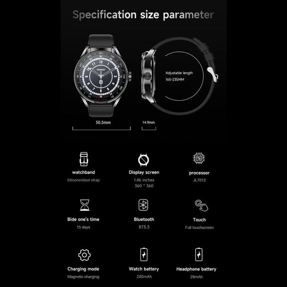 D9 1.46 inch 2 in 1 Bluetooth Earphone Smart Watch, Support Bluetooth Call / NFC / Heart Rate(Black)