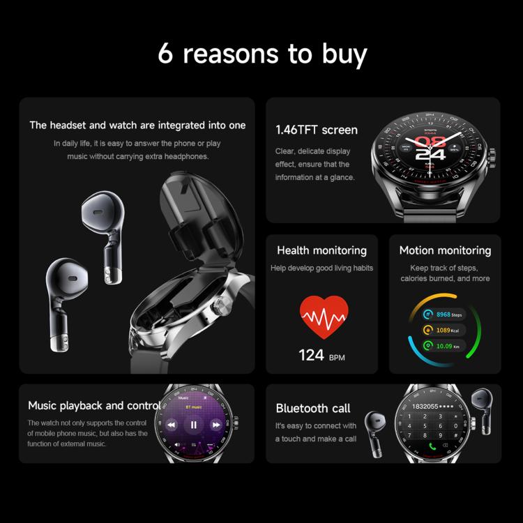 D9 1.46 inch 2 in 1 Bluetooth Earphone Smart Watch, Support Bluetooth Call / NFC / Heart Rate(Black)
