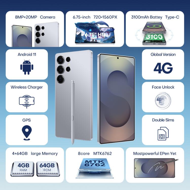F102 / S25 Ultra, 4GB+64GB, 6.75 inch Android 11 MTK6762 Octa Core, Network: 4G, Dual SIM, Support Wireless Charging, Plug:US Plug(Titanium Blue)