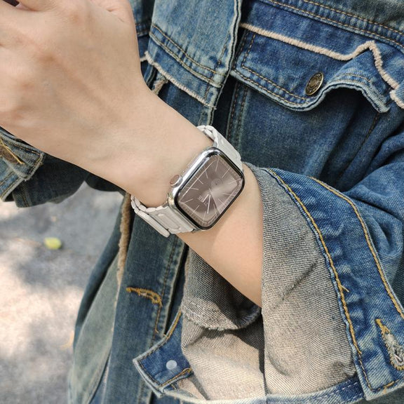 For Apple Watch 42mm / 41mm / 40mm / 38mm I-shaped Three-piece Leather Magnetic Watch Band(Starlight)