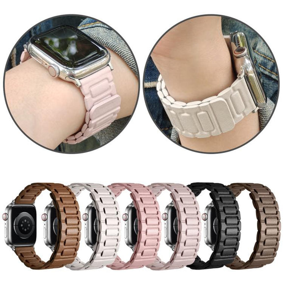For Apple Watch 42mm / 41mm / 40mm / 38mm I-shaped Three-piece Leather Magnetic Watch Band(Khaki)
