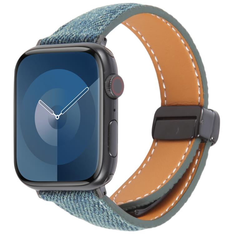 For Apple Watch 46mm / 49mm / 45mm / 44mm Folding Magnetic Buckle Denim Leather Watch Band(Royal Blue)