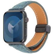 For Apple Watch 46mm / 49mm / 45mm / 44mm Folding Magnetic Buckle Denim Leather Watch Band(Royal Blue)