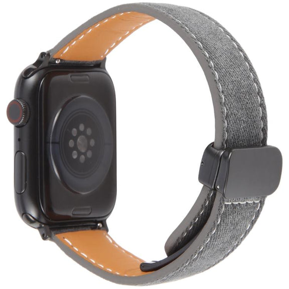 For Apple Watch 46mm / 49mm / 45mm / 44mm Folding Magnetic Buckle Denim Leather Watch Band(Black)
