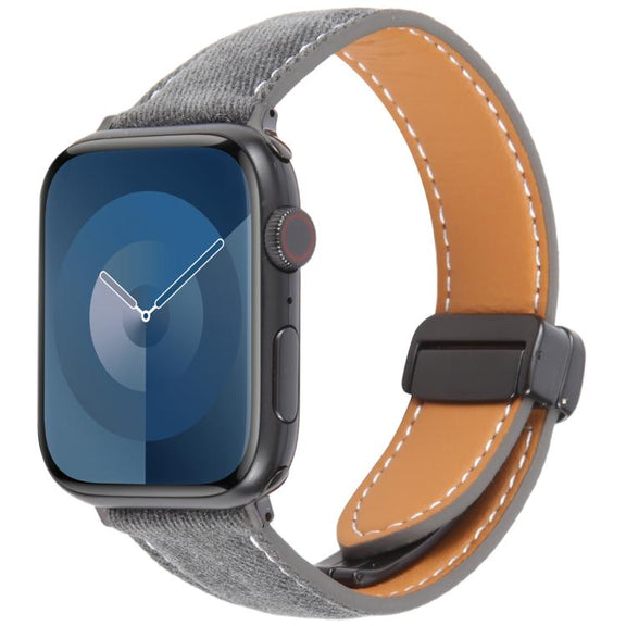 For Apple Watch 46mm / 49mm / 45mm / 44mm Folding Magnetic Buckle Denim Leather Watch Band(Black)