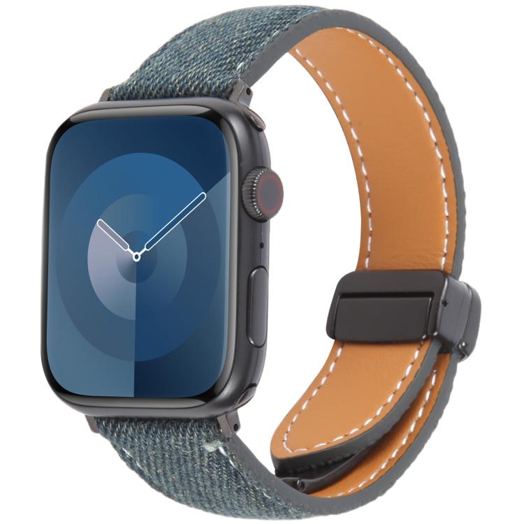 For Apple Watch 42mm / 41mm / 40mm / 38mm Folding Magnetic Buckle Denim Leather Watch Band(Dark Blue)
