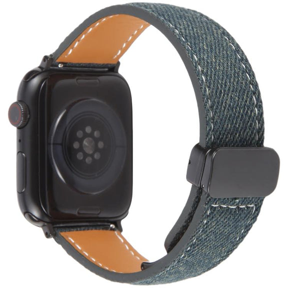 For Apple Watch 42mm / 41mm / 40mm / 38mm Folding Magnetic Buckle Denim Leather Watch Band(Dark Blue)
