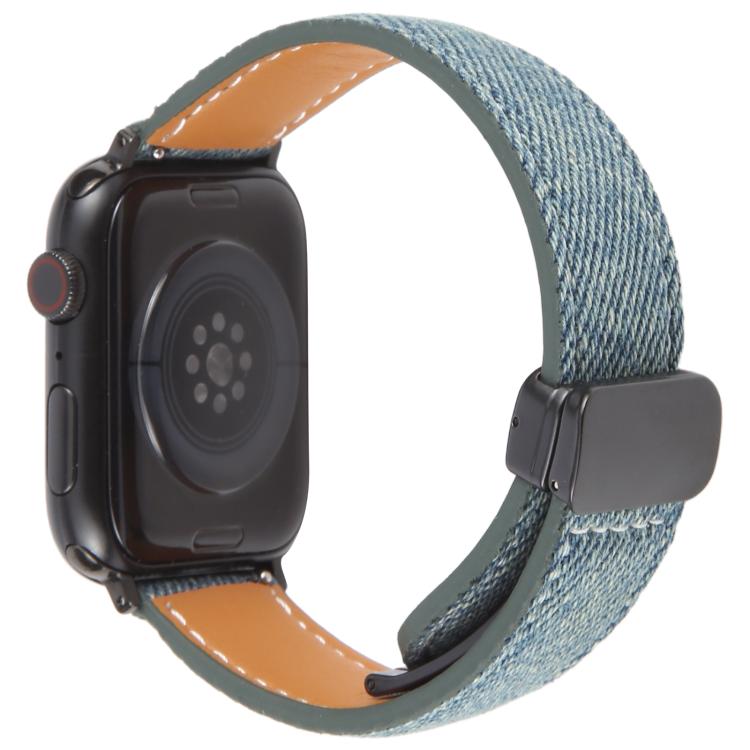 For Apple Watch 42mm / 41mm / 40mm / 38mm Folding Magnetic Buckle Denim Leather Watch Band(Misty Blue)