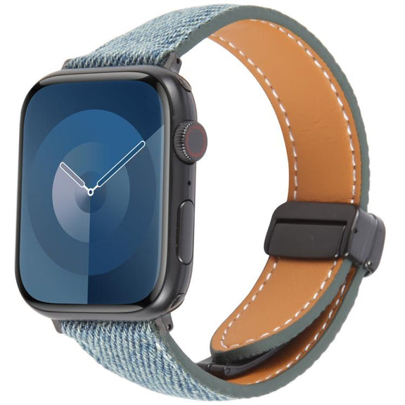 For Apple Watch 42mm / 41mm / 40mm / 38mm Folding Magnetic Buckle Denim Leather Watch Band(Misty Blue)