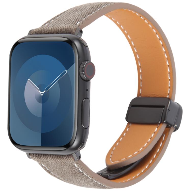 For Apple Watch 42mm / 41mm / 40mm / 38mm Folding Magnetic Buckle Denim Leather Watch Band(Light Brown)