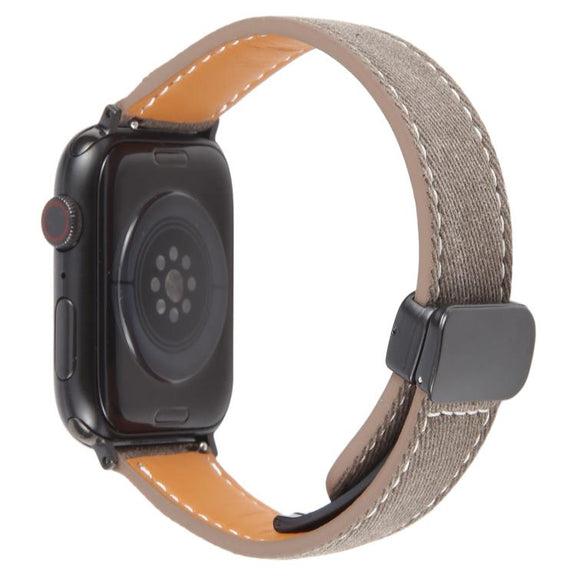 For Apple Watch 42mm / 41mm / 40mm / 38mm Folding Magnetic Buckle Denim Leather Watch Band(Light Brown)