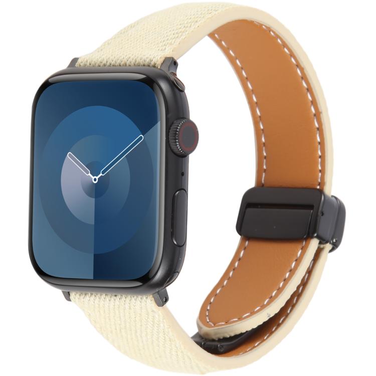 For Apple Watch 42mm / 41mm / 40mm / 38mm Folding Magnetic Buckle Denim Leather Watch Band(Apricot)