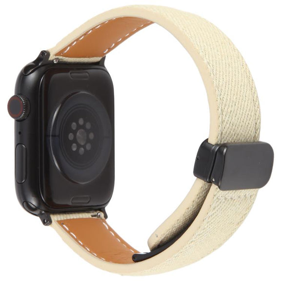 For Apple Watch 42mm / 41mm / 40mm / 38mm Folding Magnetic Buckle Denim Leather Watch Band(Apricot)