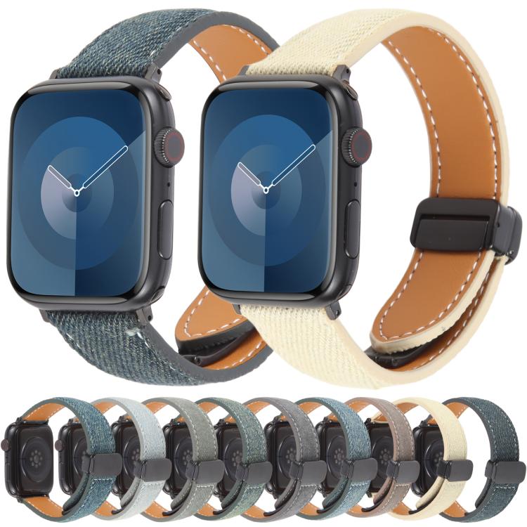 For Apple Watch 42mm / 41mm / 40mm / 38mm Folding Magnetic Buckle Denim Leather Watch Band(Light Brown)