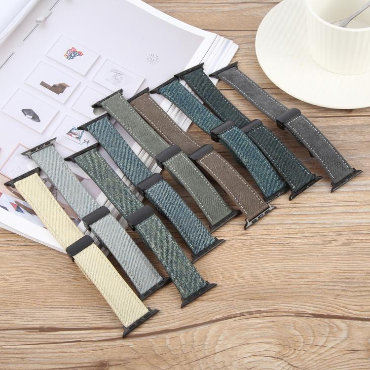 For Apple Watch 46mm / 49mm / 45mm / 44mm Folding Magnetic Buckle Denim Leather Watch Band(Light Brown)