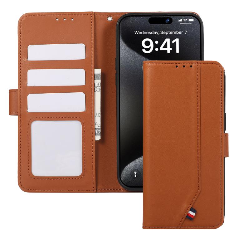 For iPhone 17 ABEEL Delicate Texture Splicing RFID Leather Phone Case(Brown)