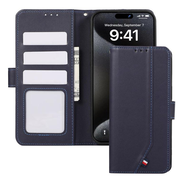 For iPhone 17 Pro Max ABEEL Delicate Texture Splicing RFID Leather Phone Case(Blue)