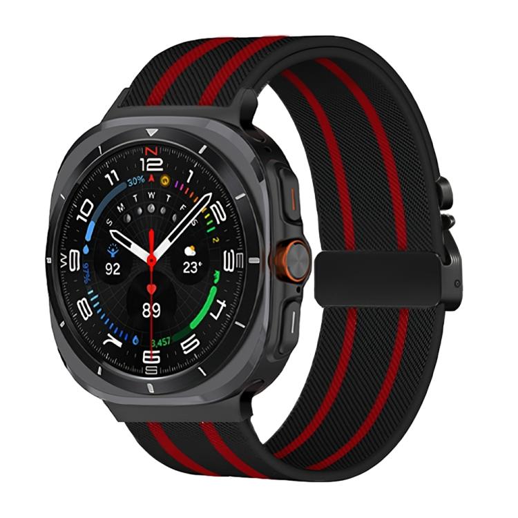 For Samsung Galaxy Watch Ultra 47mm Parachute Buckle Stripe Nylon Elastic Braided Watch Band(Black Red)
