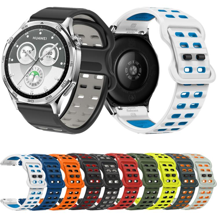 22mm Double-row Hole Studded Buckle Silicone Watch Band(White Blue)