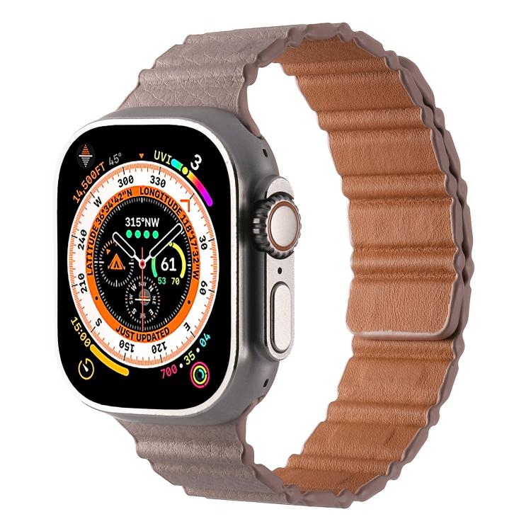 For Apple Watch 46mm / 49mm / 45mm / 44mm Magnetic PU Leather Watch Band(Khaki)
