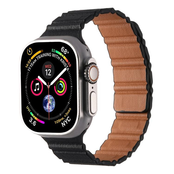 For Apple Watch 46mm / 49mm / 45mm / 44mm Magnetic PU Leather Watch Band(Black)
