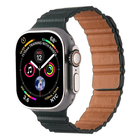 For Apple Watch 46mm / 49mm / 45mm / 44mm Magnetic PU Leather Watch Band(Cedar Green)